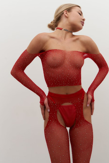BUSEMSHE Rhinestone Off-The-Shoulder Mesh Top and High Garters Seductive Body Stocking