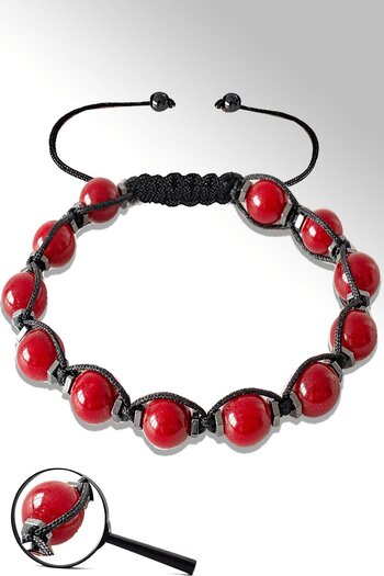 Tesbih Atölyesi Certified Macrame Hematite Flag Red Agate Stone Bracelet - Adjustable