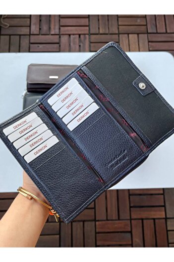 DERKON Jolly Model 100% Genuine Leather Useful Women's Wallet Navy Blue