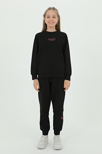 Black One Girl's Crew Neck Print Detailed Adjustable Rubber Waist Tracksuit Set