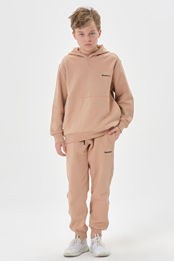 Black One Hooded Boy's Tracksuit Set with Double Pockets and Embroidery Detail