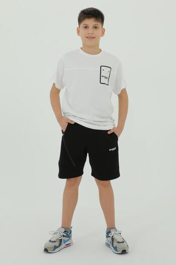 Black One Crew Neck Boy's Print Detailed T-Shirt and Shorts Double Set