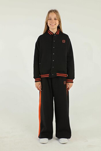 Black One College Collar Snap Detail Wide Leg Girl's Tracksuit Set
