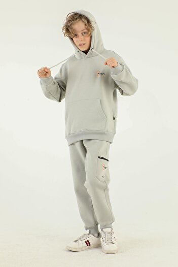 Black One Hooded Cargo Pocket Print Detailed Boy's Tracksuit Set