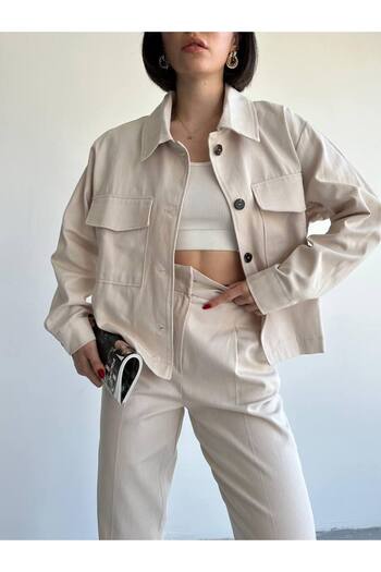 Laluvia Steinfarbenes Set aus 100 % Baumwolle, Hemd, Karottenhose und Gabardine