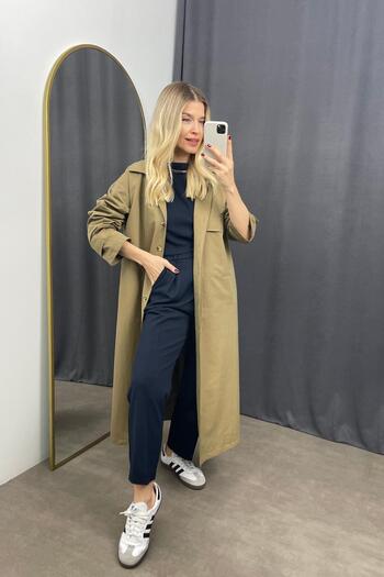 Sue Store Khaki Shirt Collar Buttoned Lined Sleeve Detail Trench Coat