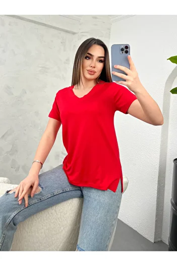 modavingo WOMEN'S RED V-NECK SLIT BLUZ