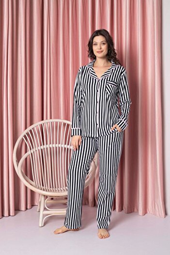 AHENGİM Women's Pajama Set Single Jersey Long Sleeve Striped Baby Collar Neck Buttoned Cotton Seasonal W20592298