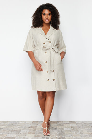 Trendyol Curve Beige Double Breasted Closure Woven Jacket Linen Blended Dress TBBSS24AH00068