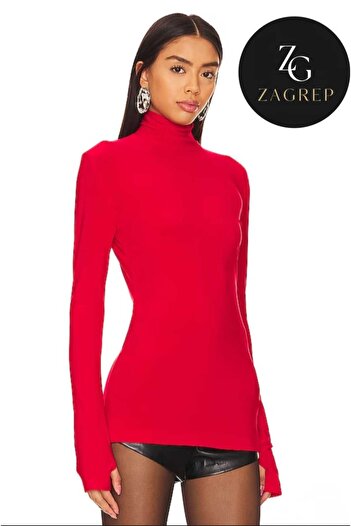 Zagrep Women's Red Blouse Turtleneck Finger-Snap Anti-Show Silk Jersey Blouse