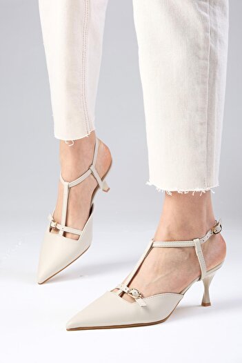 Mio Gusto Beige Women's Heeled Shoes with Open Back Straps