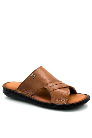 Moda Anna Genuine Real Leather Men's Slippers Lightweight Slippers Leather Syringe Tan