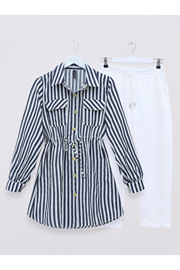 Modamorfo Tunnel Lace-up Double Pocket Striped Tunic