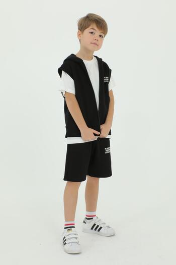 Black One Crew Neck Boy's Vest T-Shirt and Shorts Triple Set
