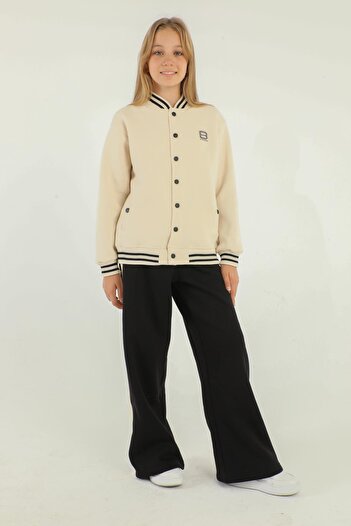 Black One College Collar Snap Detail Wide Leg Girl's Tracksuit Set