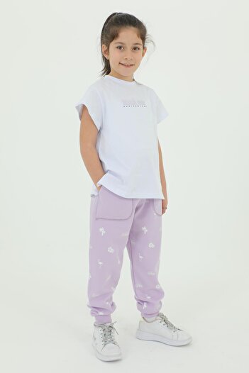 Black One Crew Neck Girl's Print Detailed Cotton Summer T-Shirt Trousers 2-Piece Tracksuit Set