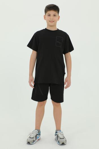 Black One Crew Neck Boy's Print Detailed T-Shirt and Shorts Double Set