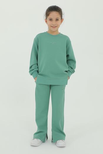 Black One Cotton 2-Piece Top and Bottom Girl's Tracksuit Set with Crew Neck Slit and Spanish Leg Print Detail