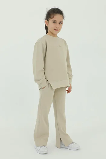 Black One Cotton 2-Piece Top and Bottom Girl's Tracksuit Set with Crew Neck Slit and Spanish Leg Print Detail