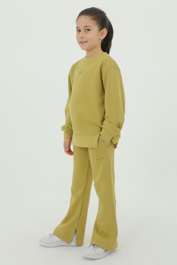 Black One Cotton 2-Piece Top and Bottom Girl's Tracksuit Set with Crew Neck Slit and Spanish Leg Print Detail