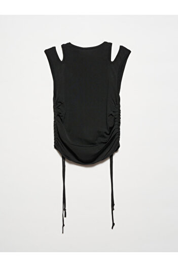 Dilvin 10366 Crew Neck Shoulder Middle Drop Front Gathered Knitwear Athlete-Black