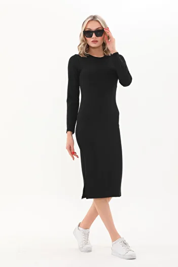 WestBound Ribbed Slit Long Sleeve Summer Midi Casual Pencil Dress Black