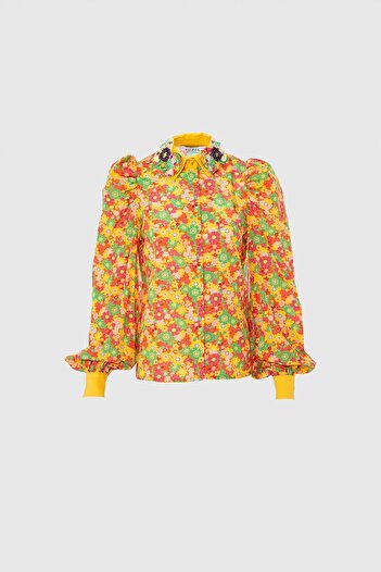 GİZİA Embroidered Collar Detailed Frosted Sleeve Orange Blouse