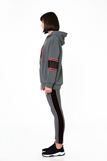 GİZİA Transparan Kol Detaylı Gri Kapüşonlu Sweatshirt