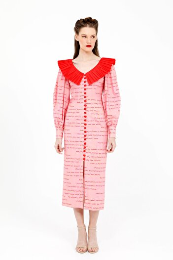 kı.we Midi Size Pink Poplin Dress with V-neck Lettering Pattern