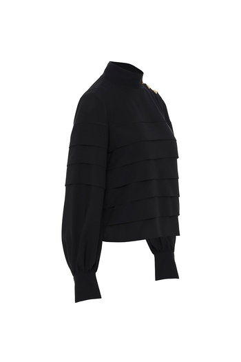GİZİA Shoulder Button Detailed Floor Stand Collar Black Blouse