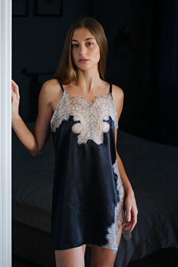 Mita Concept Black Satin Nightgown with French Lace