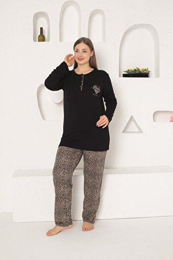 KAPİTEX Long Sleeve Seasonal Leopard Black Bamboo Pajama Set