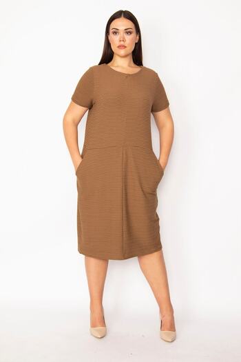 Şans Women's Large Size Brown Self-Striped Pocket Dress 65n29922