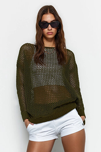 Trendyol Collection Khaki Super Wide Fit Cotton Openwork/Hole Knitwear Sweater TWOAW20FV0184