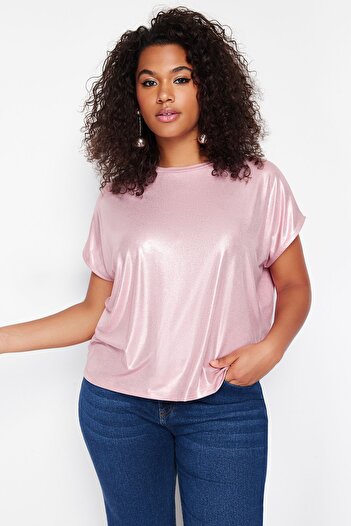 Trendyol Curve Powder Metallic Printed Knitted Blouse TBBSS24AF00007
