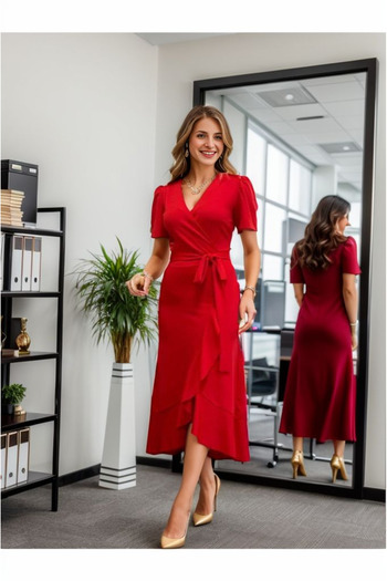 Kokosh moda DRESSIFY Women's Double Breasted Collar Midi Length Belted Crepe Dress 120 Cm