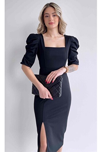Secret Passion Lingerie Yeni Sezon Kare Yaka Esnek Kumaş Midi Boy Kısa Kollu Abiye & Mezuniyet Elbisesi 026