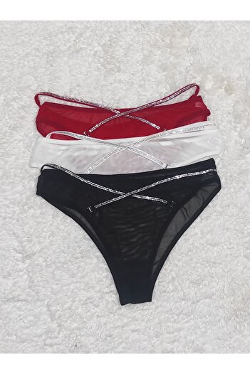 Soft Light Women's Panties, Tulle and Stone Detailed Fancy Black White Red 3-Piece Panties
