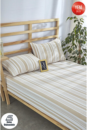 BESTİNA GOLD Elastic Sheet Set Striped Color Cotton dogal natural-pillowcase Single-double-person-battal