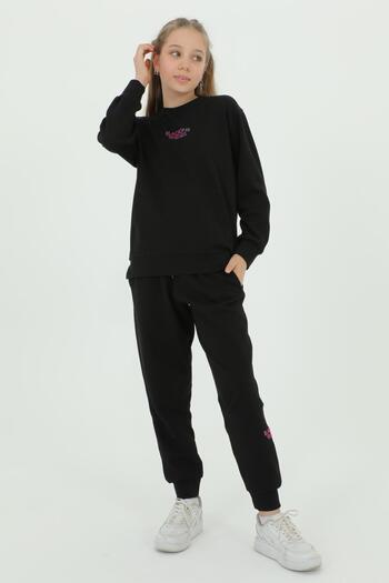 Black One Girl's Crew Neck Print Detailed Adjustable Rubber Waist Tracksuit Set