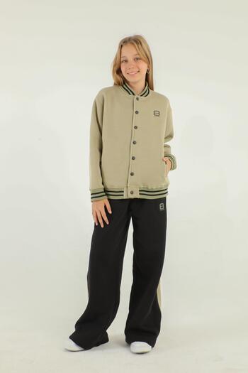 Black One College Collar Snap Detail Wide Leg Girl's Tracksuit Set