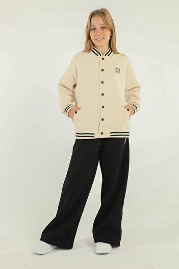 Black One College Collar Snap Detail Wide Leg Girl's Tracksuit Set