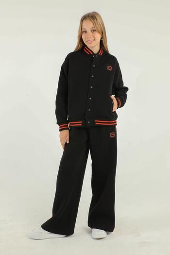 Black One College Collar Snap Detail Wide Leg Girl's Tracksuit Set