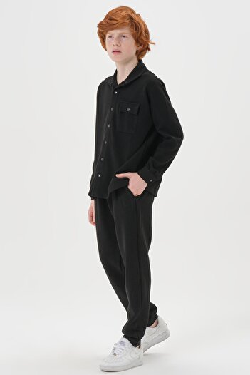 Black One Jacquard Match Pattern Button Detailed Top and Bottom Set