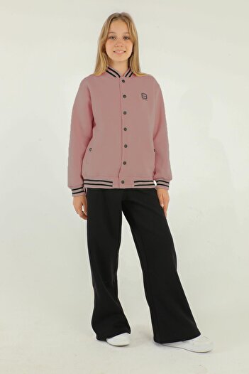 Black One College Collar Snap Detail Wide Leg Girl's Tracksuit Set