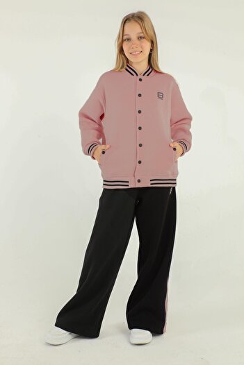 Black One College Collar Snap Detail Wide Leg Girl's Tracksuit Set