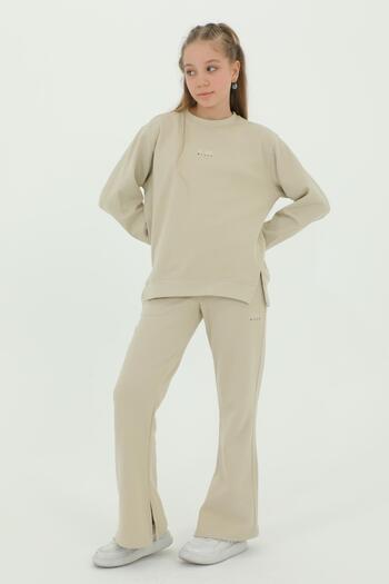 Black One Cotton 2-Piece Top and Bottom Girl's Tracksuit Set with Crew Neck Slit and Spanish Leg Print Detail