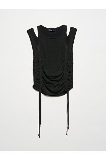 Dilvin 10366 Crew Neck Shoulder Middle Drop Front Gathered Knitwear Athlete-Black
