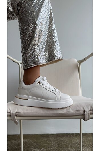 selinshoes Elegance Gold Detailed Lace-Up Women's Sneakers - WHITE