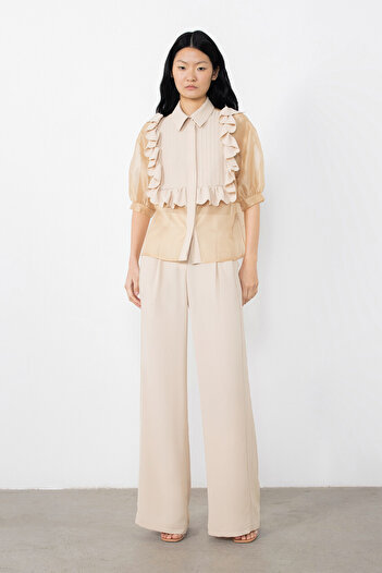 GİZİA Ribbed Front Pleated Beige Pants